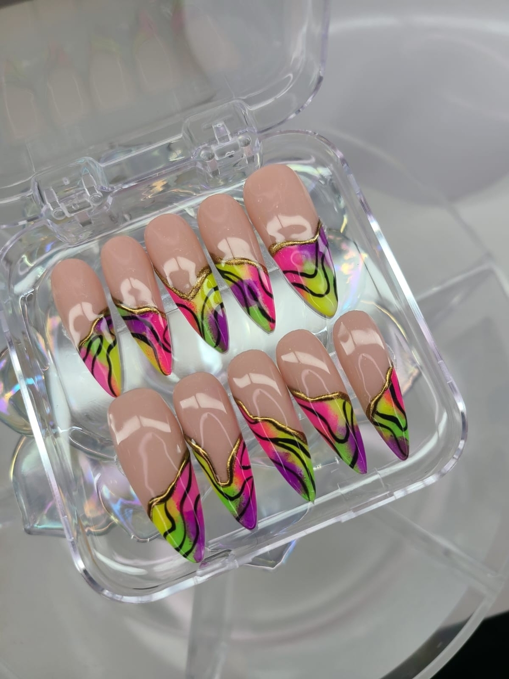 Nail Set -Size-Large (See Chart) Nude Base with Neon Pink & Green Swirl Accents